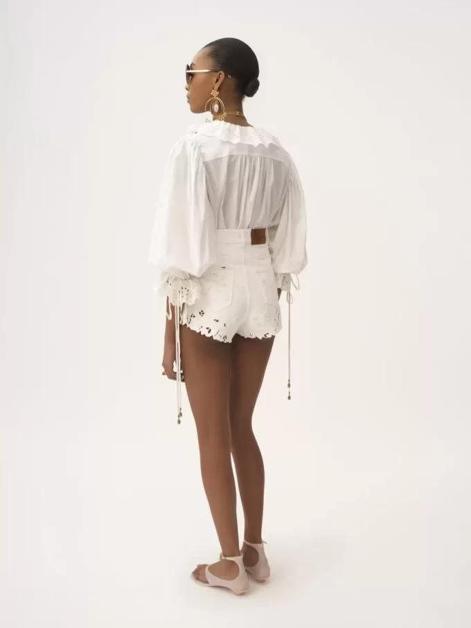 Puff-sleeve V-neck top in cotton voile