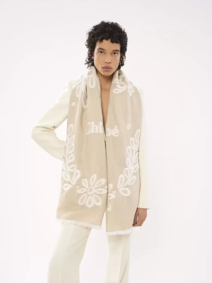 Rectangular stole in wool & silk broderie anglaise