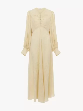 Ruched long dress in silk jacquard