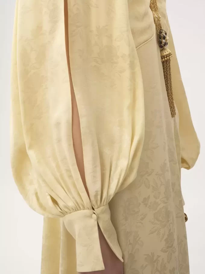 Ruched long dress in silk jacquard
