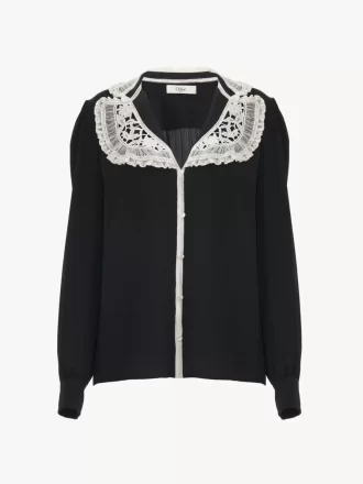 Ruffled blouse in crêpe de chine & lace