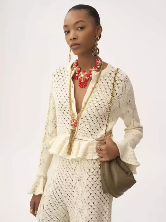 Ruffled logo cardigan in a silk, alpaca & cotton knit