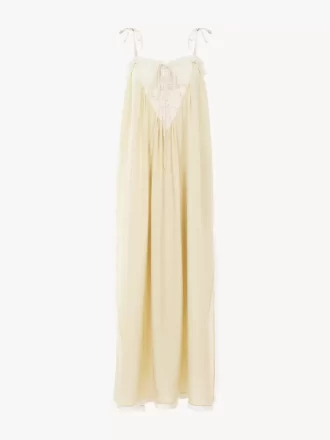 Ruffled long dress in silk habotai & lace