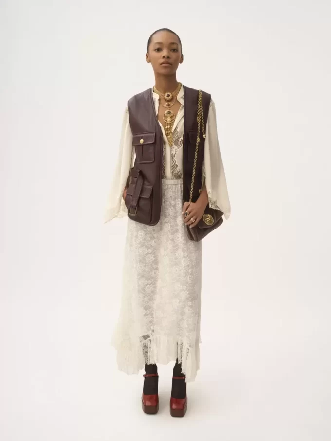 Ruffled midi skirt in floral lace jacquard