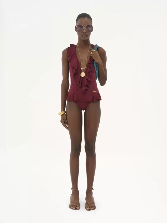 Ruffled V-neck one-piece swimsuit
