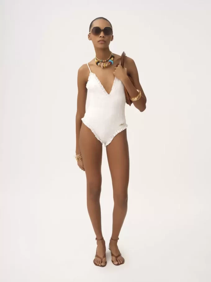 Ruffled V-neck one-piece swimsuit