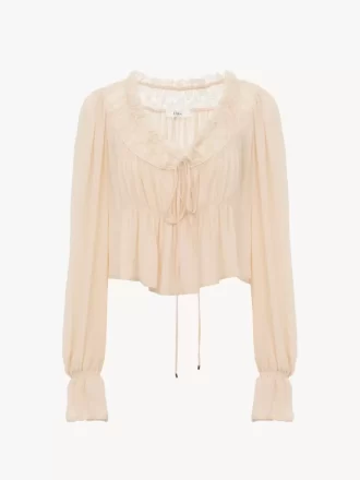 Scoop-neck cropped top in silk georgette & lace