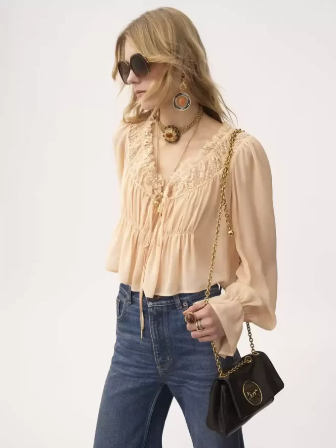 Scoop-neck cropped top in silk georgette & lace