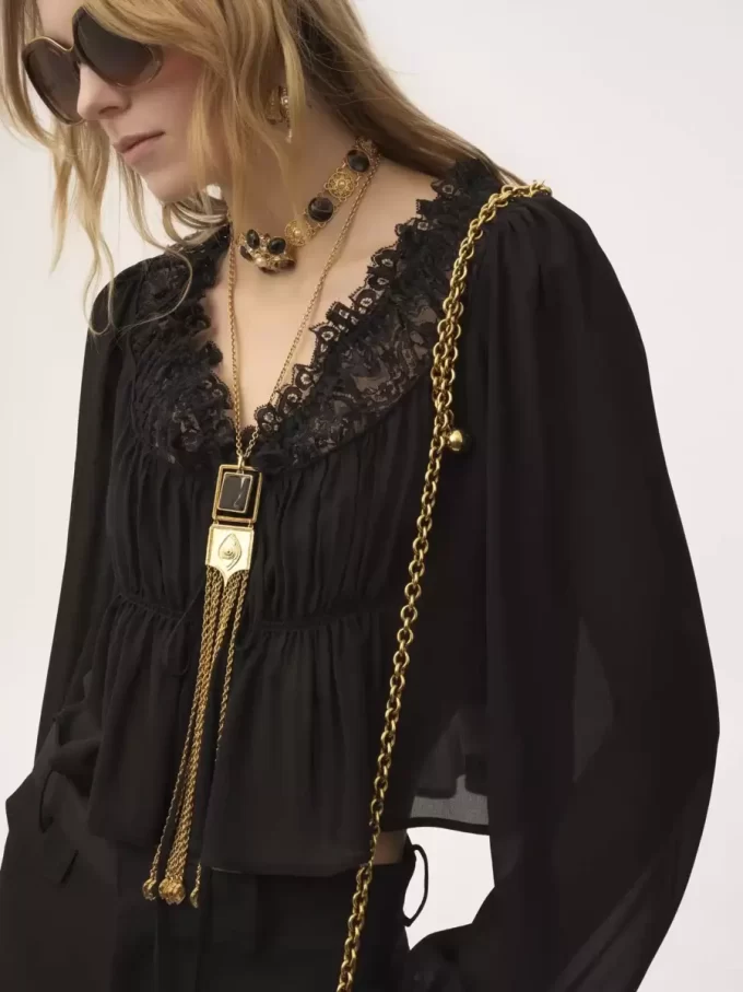 Scoop-neck cropped top in silk georgette & lace