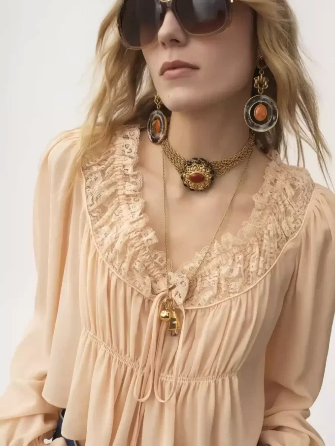 Scoop-neck cropped top in silk georgette & lace