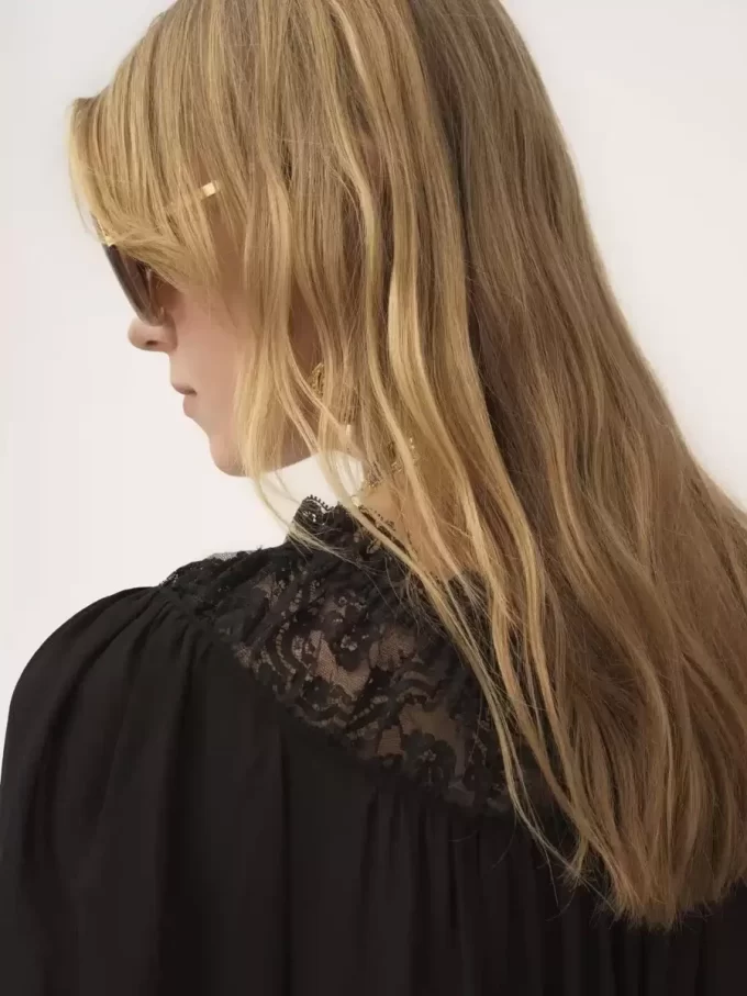 Scoop-neck cropped top in silk georgette & lace