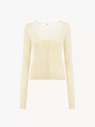 Scoop-neck fitted cardigan in superfine wool knit