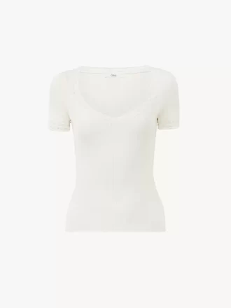 Scoop-neck fitted top in a wool knit & lace