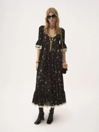 Scoop-neck midi dress in silk charmeuse & lace