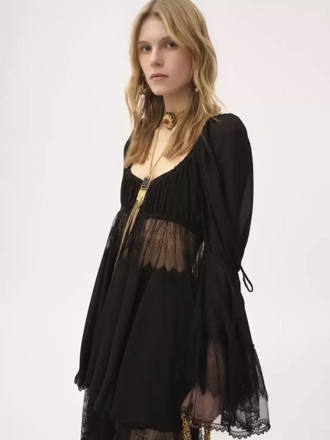 Scoop-neck puff-sleeve top in silk georgette & lace