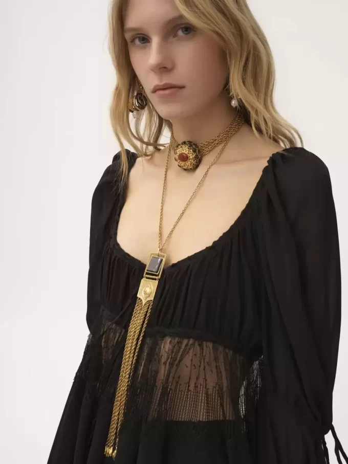 Scoop-neck puff-sleeve top in silk georgette & lace