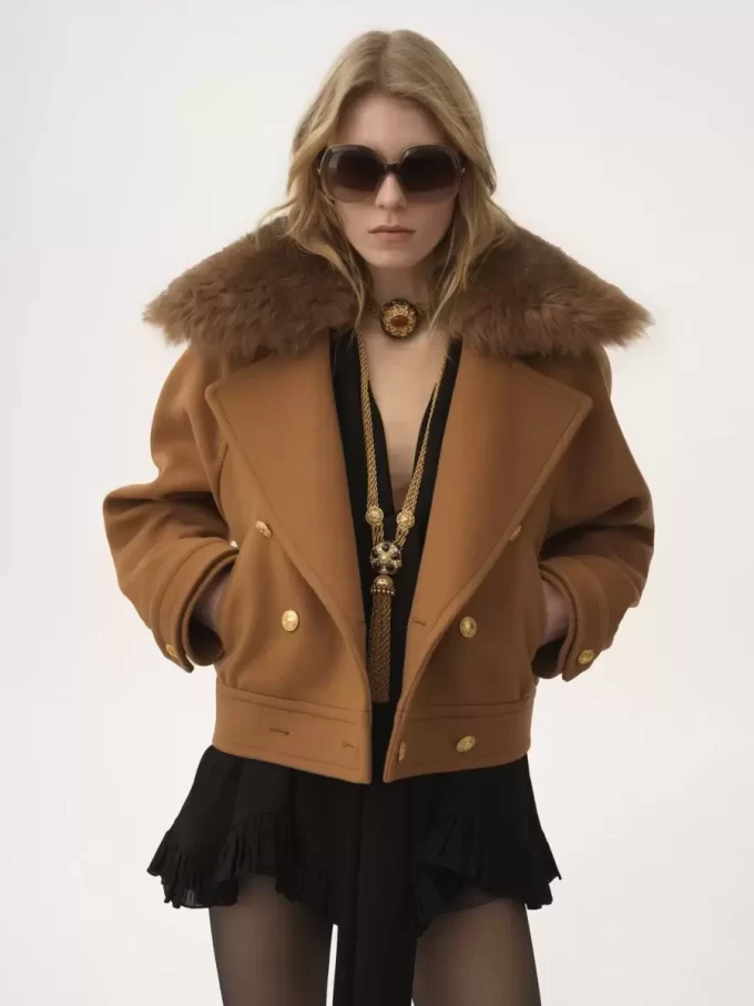 Short boxy double-breasted coat in soft wool