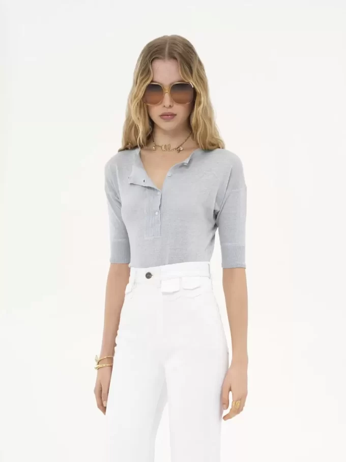 Short-sleeve Henley shirt in linen & silk knit