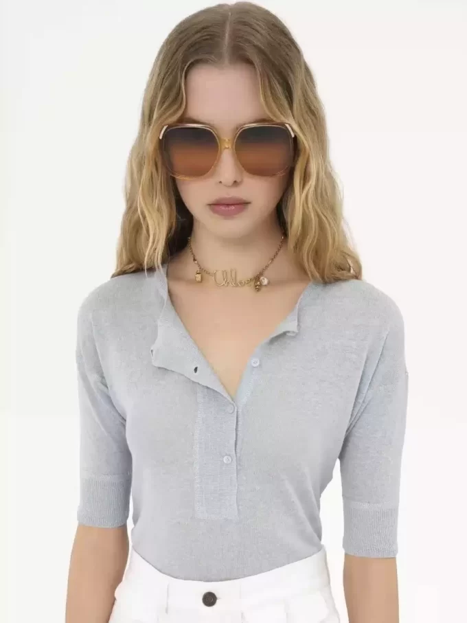 Short-sleeve Henley shirt in linen & silk knit