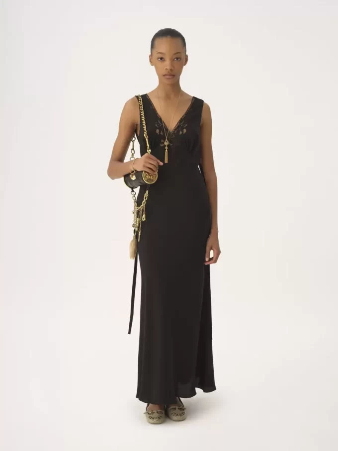 Sleeveless column dress in silk jacquard & lace