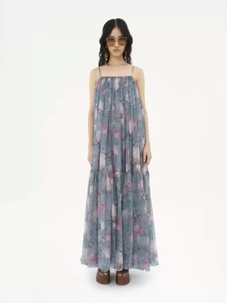 Sleeveless long dress in silk mousseline