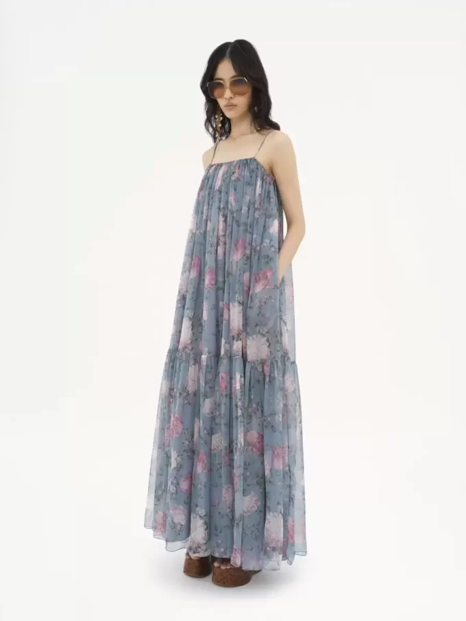 Sleeveless long dress in silk mousseline