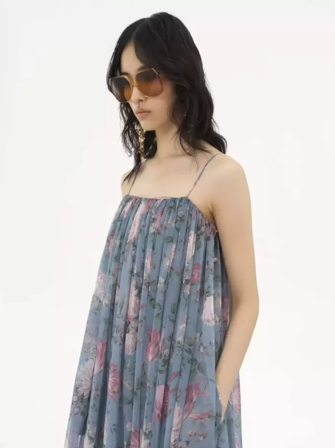 Sleeveless long dress in silk mousseline