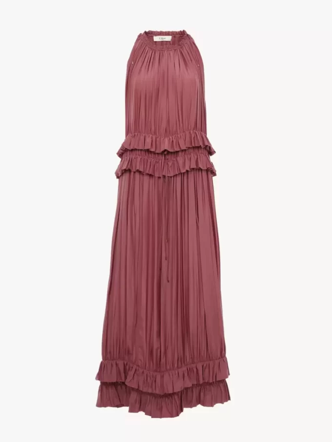 Sleeveless long dress in washed silk pongé