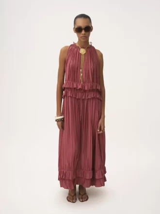 Sleeveless long dress in washed silk pongé