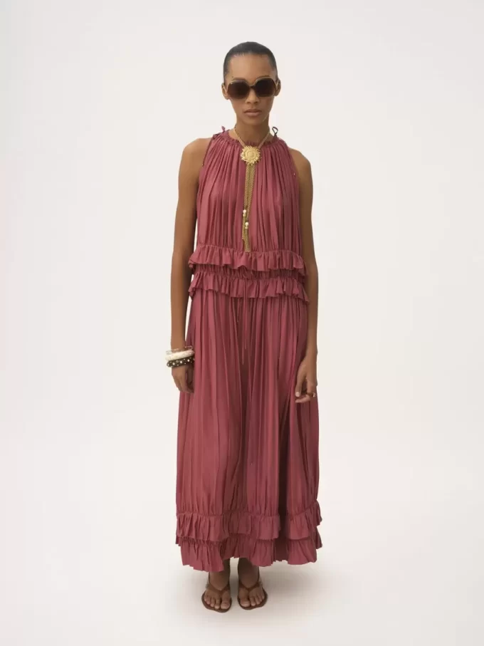 Sleeveless long dress in washed silk pongé
