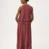 Sleeveless long dress in washed silk pongé
