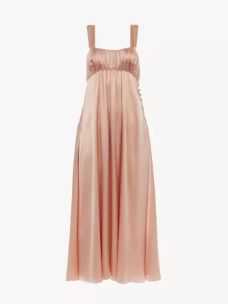 Sleeveless ruched long dress in silk satin
