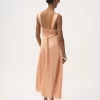 Sleeveless ruched long dress in silk satin