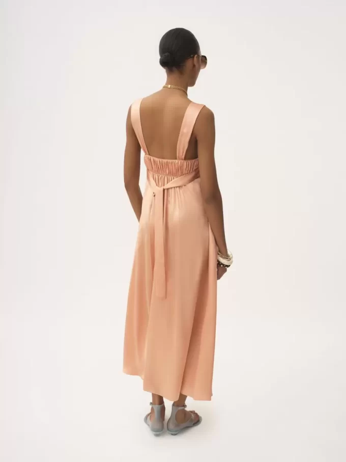 Sleeveless ruched long dress in silk satin