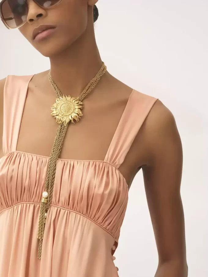 Sleeveless ruched long dress in silk satin