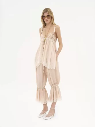 Fluid cropped pants in washed silk pongé & lace