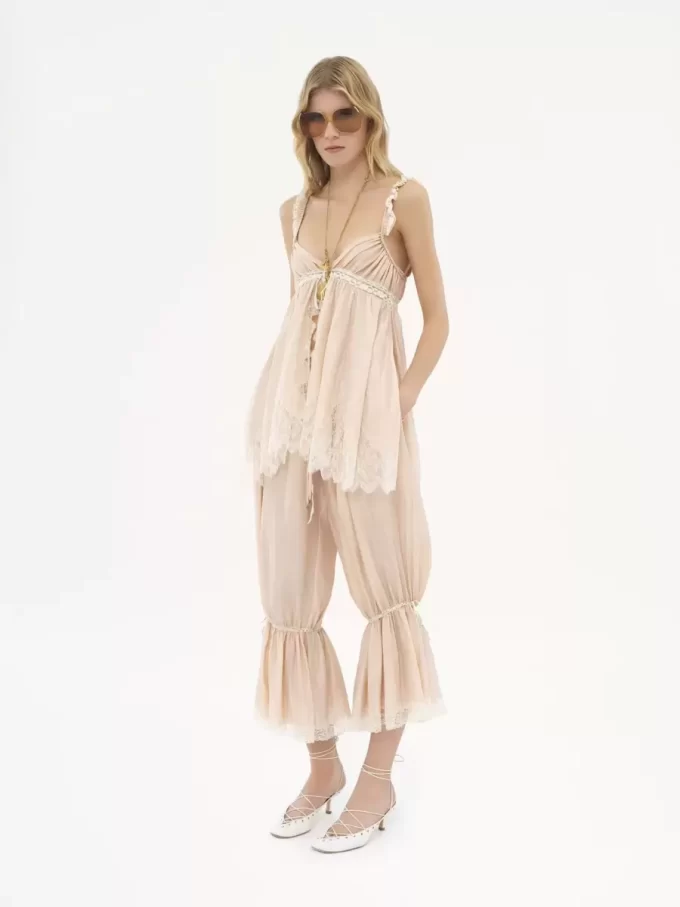 Fluid cropped pants in washed silk pongé & lace