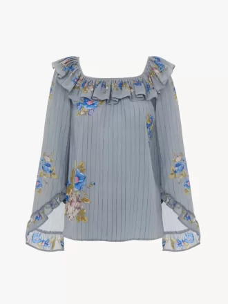 Square-neck ruffle top in crêpe de chine