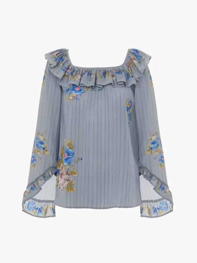 Square-neck ruffle top in crêpe de chine