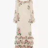 Square-neck ruffled long dress in crêpe de chine