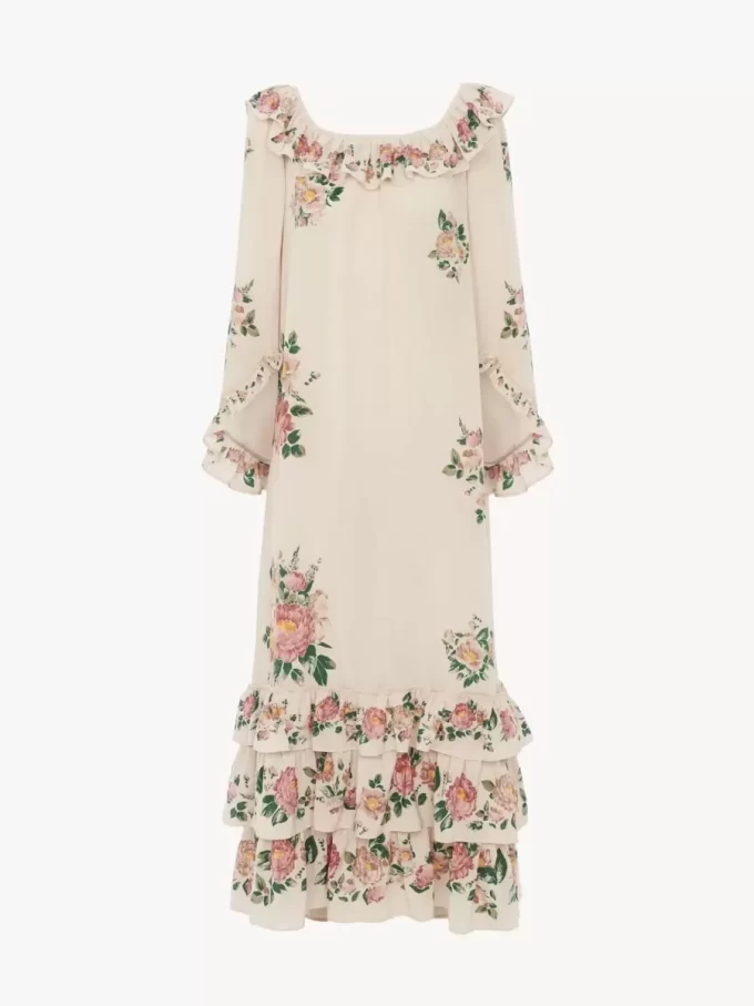 Square-neck ruffled long dress in crêpe de chine