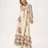 Square-neck ruffled long dress in crêpe de chine
