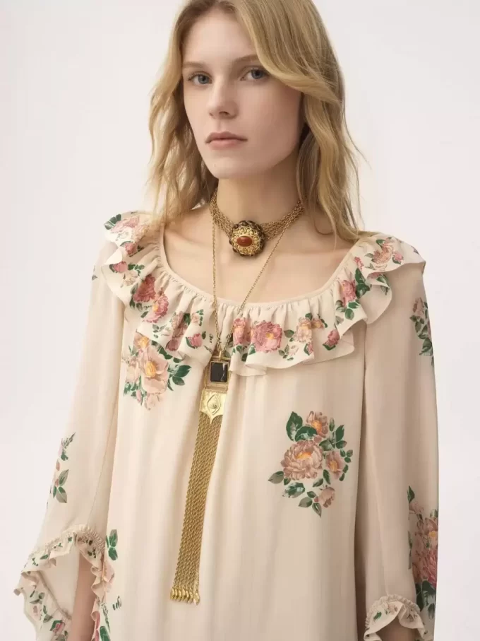 Square-neck ruffled long dress in crêpe de chine