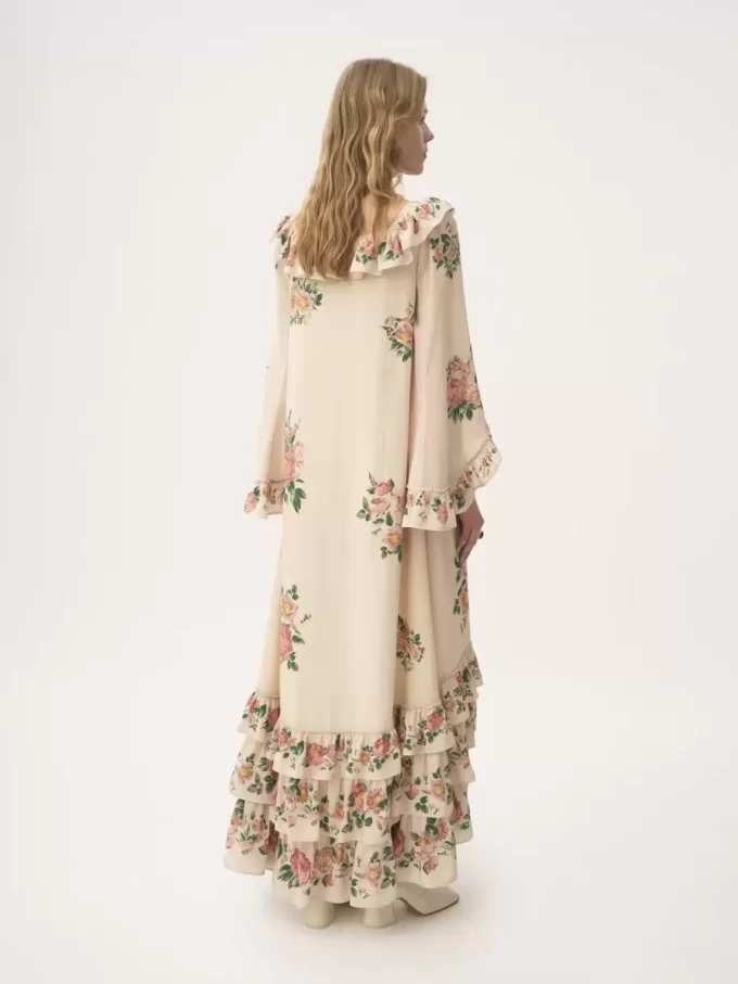 Square-neck ruffled long dress in crêpe de chine