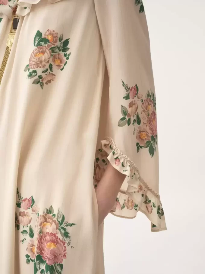 Square-neck ruffled long dress in crêpe de chine