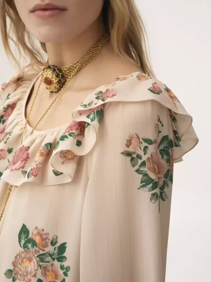 Square-neck ruffled long dress in crêpe de chine