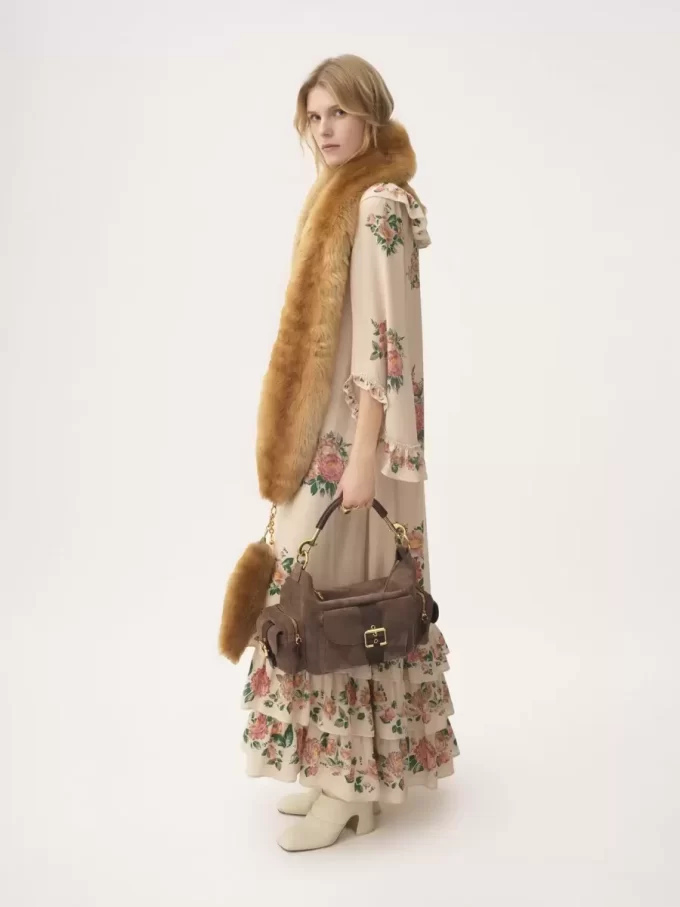 Square-neck ruffled long dress in crêpe de chine