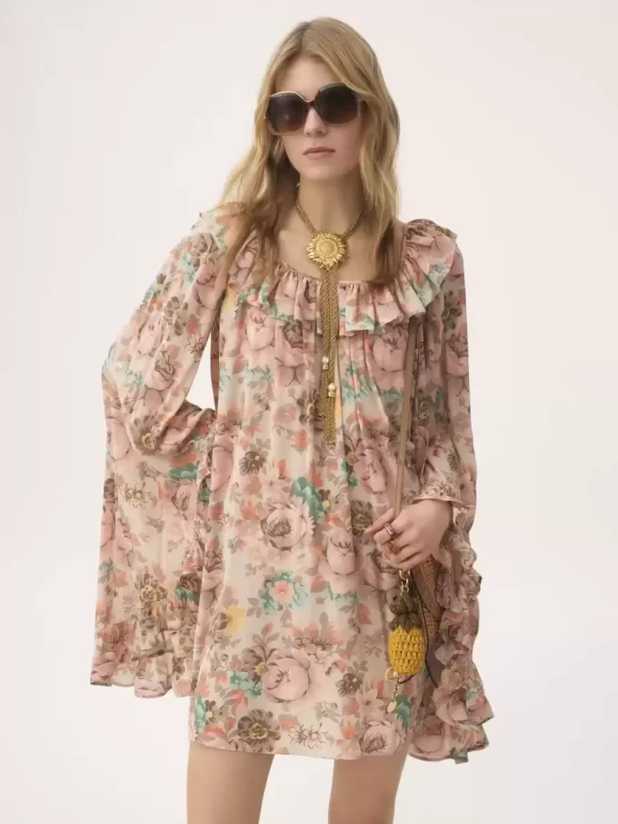 Square-neck ruffled mini dress in crêpe de chine