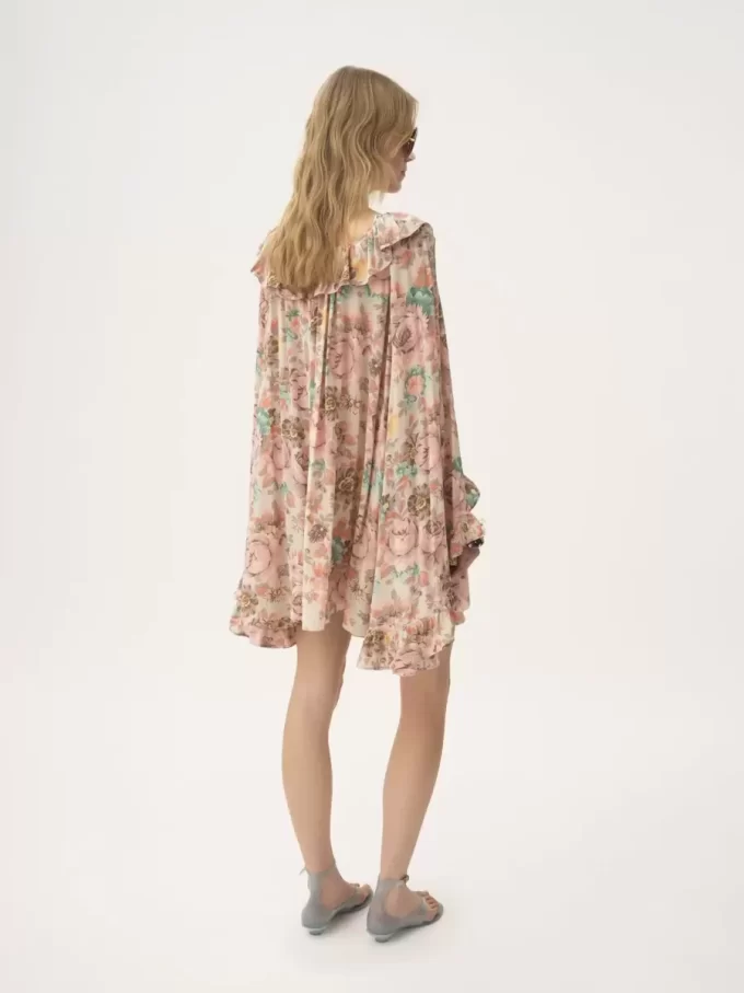 Square-neck ruffled mini dress in crêpe de chine