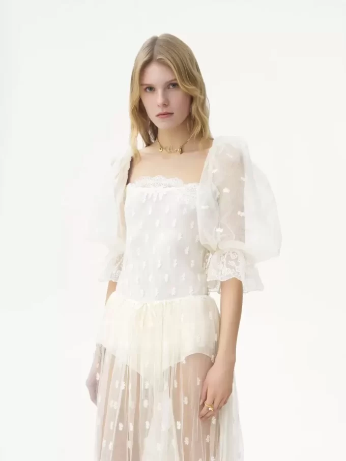 Square-neck top in embroidered lace